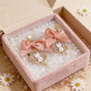 Pink Bow Cat & Moon Drop Earrings Whimsical Kawaii Style